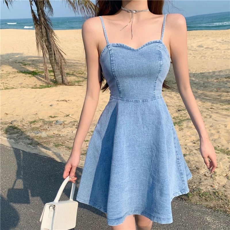 Cute Sexy French Sling Blue Denim A-line Waist Mini Dress Party Picnic Summer Aesthetic Casual E-Girl Kawaii Korean Japanese Harajuku