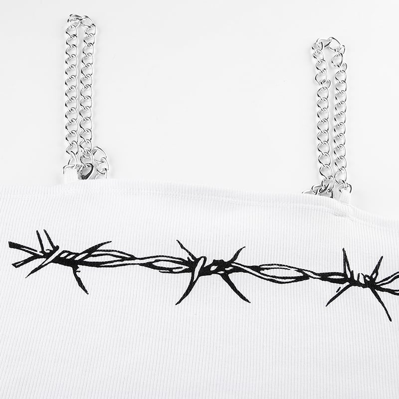 Sexy Barb Wire Print Sleeveless Shirt Crop Top Tank Camisole Metal Chain Strap Casual Punk Summer E-Girl Kawaii Korean Japanese Harajuku Streetwear