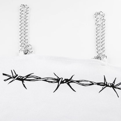 Sexy Barb Wire Print Sleeveless Shirt Crop Top Tank Camisole Metal Chain Strap Casual Punk Summer E-Girl Kawaii Korean Japanese Harajuku Streetwear