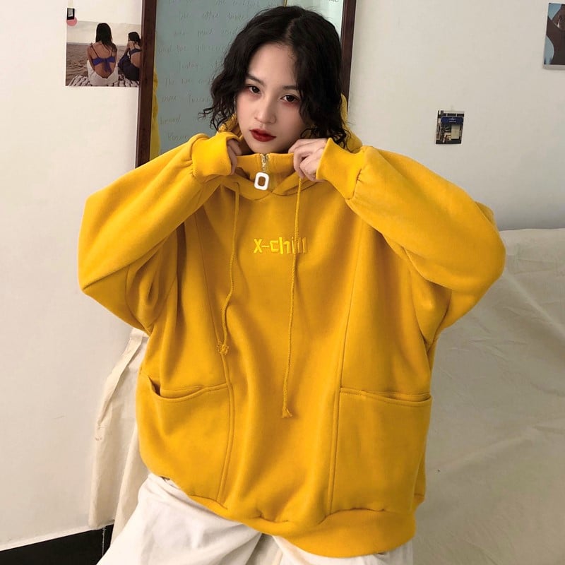 Cute Yellow Chill Letter Embroidery Causal Oversized Hoodie Sweater Sweatshirt Long Sleeve Pullover E-Girl Kawaii Korean Japanese Harajuku Streetwear