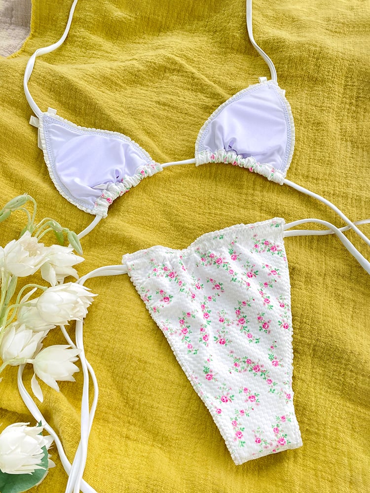 2PCS Floral Print Bow Triangle Bikini Set
