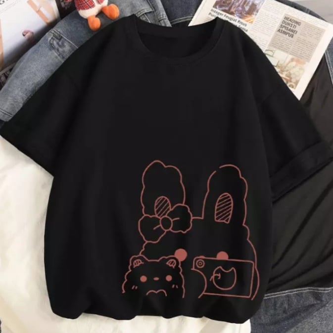 Cute Rabbit Bunny Camera Graphic Cartoon Print Loose Short Sleeve T-shirt Aesthetic Casual Summer E-Girl Kawaii Korean Japanese Harajuku