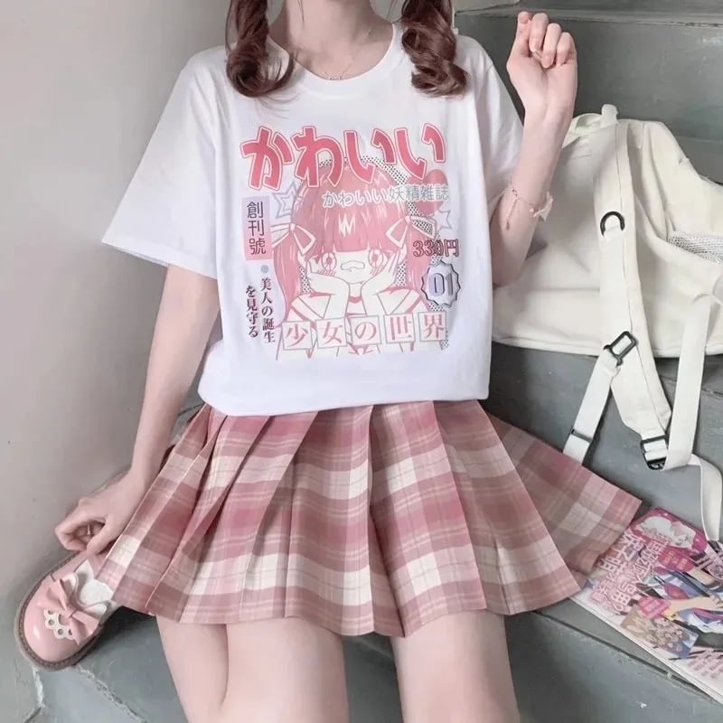 Pink 2D Anime Girl Print Short Sleeve T-shirt