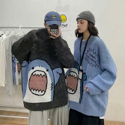 Cute Funny Shark Cartoon Knit Turtleneck Oversized Sweater Pullover Winter Aesthetic Casual Kawaii Korean Japanese Harajuku