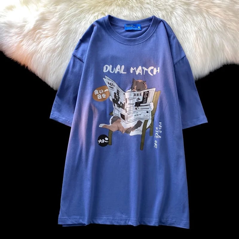 Retro Cat Newspaper Print Short Sleeve T-shirt