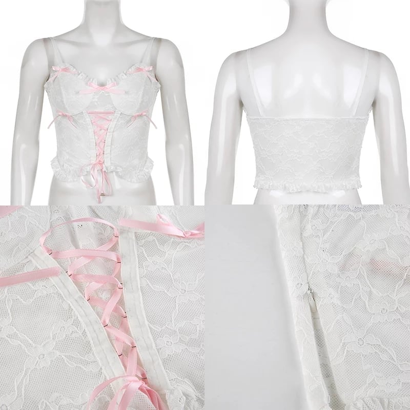 Cute Lace Mesh Patchwork Transparent Corset Camisole Ruffle Crop Top Sleeveless Shirt Summer Aesthetic Casual E-Girl Kawaii Korean Japanese Harajuku