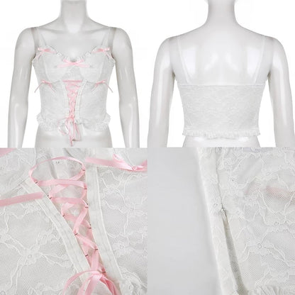 Cute Lace Mesh Patchwork Transparent Corset Camisole Ruffle Crop Top Sleeveless Shirt Summer Aesthetic Casual E-Girl Kawaii Korean Japanese Harajuku