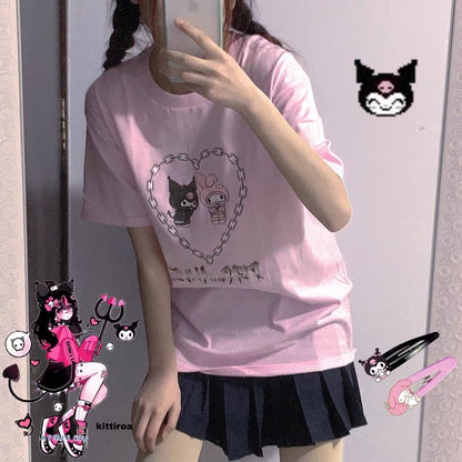 Cute Pastel Pink Anime Cartoon Print Rabbit Letter Short Sleeve Shirt T-shirt Top E-Girl Kawaii Korean Japanese Harajuku Streetwear