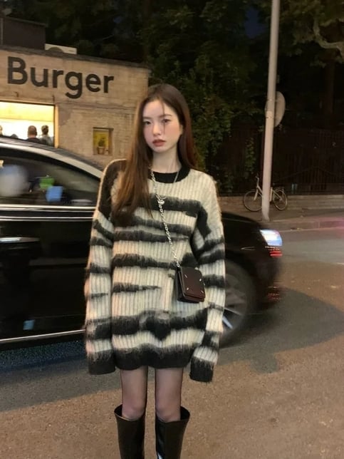 Black Stripe Knit Oversized Sweater