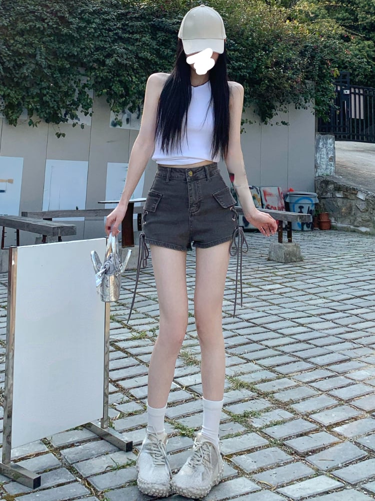Lace Up High Waist Denim Shorts