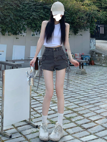 Lace Up High Waist Denim Shorts