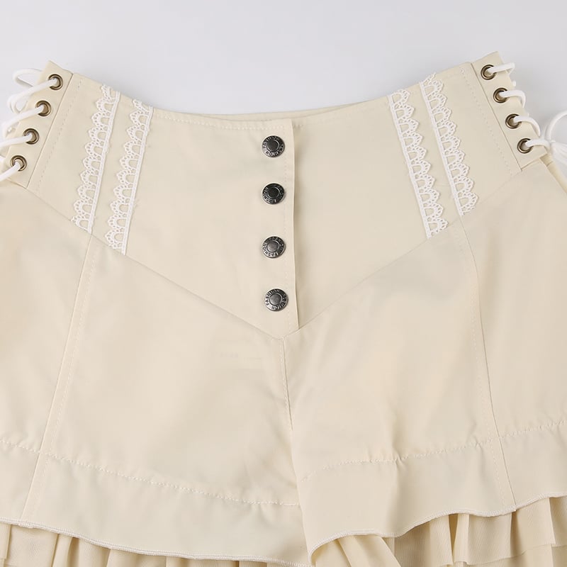 Beige Coquette Patchwork Tie Up High Waist Shorts