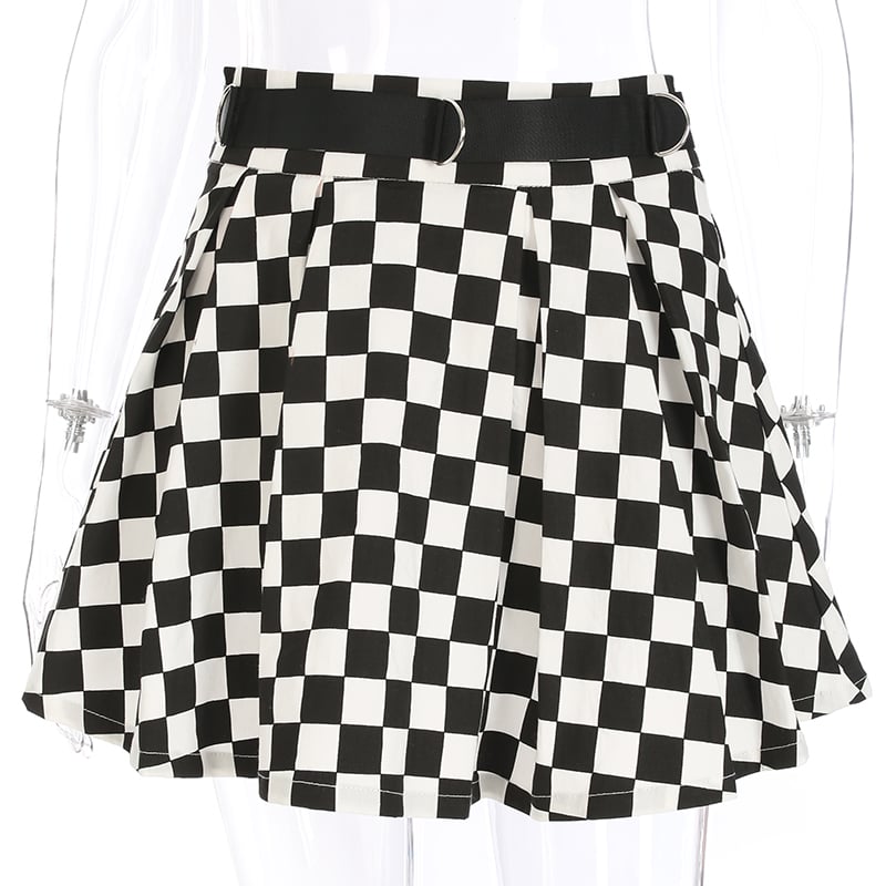 Cute Sexy Checkered Pleated Black White Sash High Waisted Skater Skirt E-Girl Kawaii Korean Japanese Harajuku Streetwear