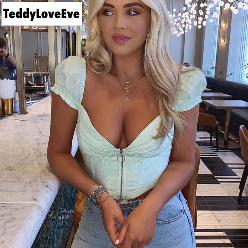 Cute Sexy V Neck Corset Backless Summer Zipper Beach Crop Shirt Tee T-shirt E-Girl Kawaii Korean Japanese Harajuku Chinese Retro Streetwear Aesthetic