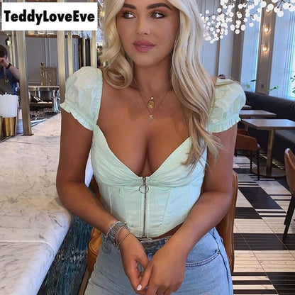 Cute Sexy V Neck Corset Backless Summer Zipper Beach Crop Shirt Tee T-shirt E-Girl Kawaii Korean Japanese Harajuku Chinese Retro Streetwear Aesthetic