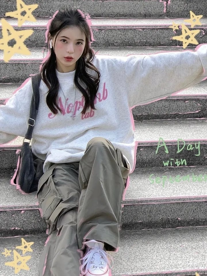 Grey Letter Print Oversized Pullover