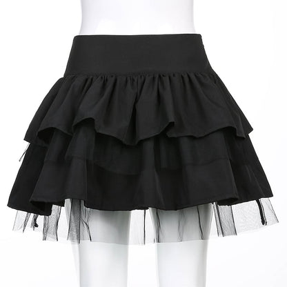Cute Black Goth Lace Up High Waisted Ruffle Skirt Punk Bandage A-line Lace Trim Tutu Casual E-Girl Kawaii Korean Japanese Harajuku Streetwear