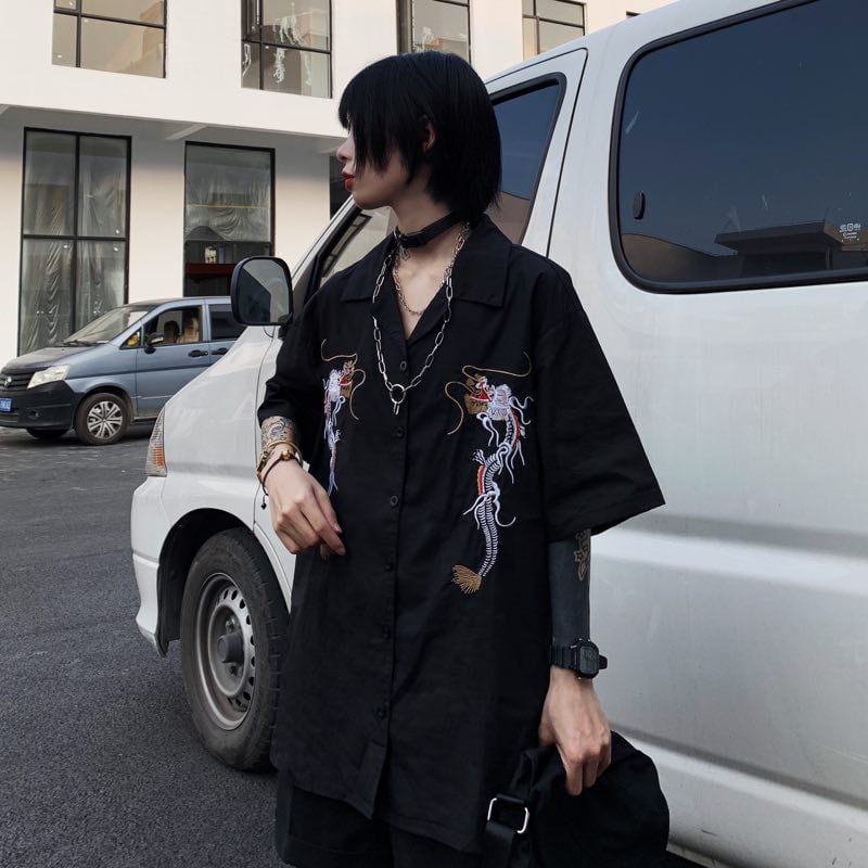 Dragon Embroidery Vintage Black Blouse Button Down Casual Loose Short Sleeve Tee Shirt T-shirt Top E-Girl Kawaii Korean Japanese Harajuku Streetwear