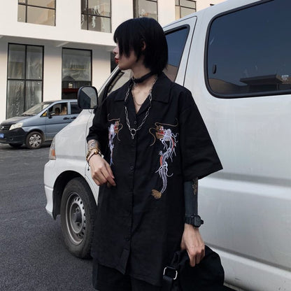 Dragon Embroidery Vintage Black Blouse Button Down Casual Loose Short Sleeve Tee Shirt T-shirt Top E-Girl Kawaii Korean Japanese Harajuku Streetwear