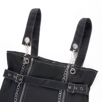 Sexy Black Casual Chain Metal Sling Belt Zipper Short Mini Dress Punk Goth E-Girl Kawaii Korean Japanese Harajuku Streetwear