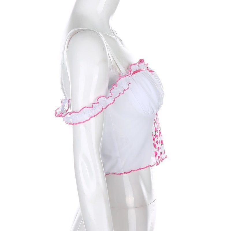 Cute Strawberry Milkmaid Patchwork Frill Ruched Mesh Crop Top Sleeveless Shirt Summer Aesthetic E-Girl Kawaii Korean Japanese Harajuku Streetwear