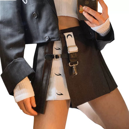 Cute Kpop Patchwork Buckle Cross Split High Waist Mini Skirt Goth Punk Streetwear Summer Aesthetic Casual E-Girl Kawaii Korean Japanese Harajuku
