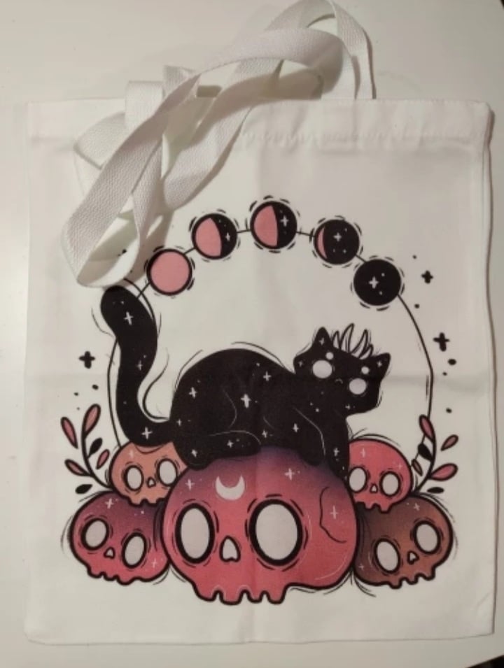 Cute Cat Skull Print Reusable Shopping Bag Canvas Tote Shoulder Bag Aesthetic Casual E-Girl Kawaii Korean Japanese Harajuku