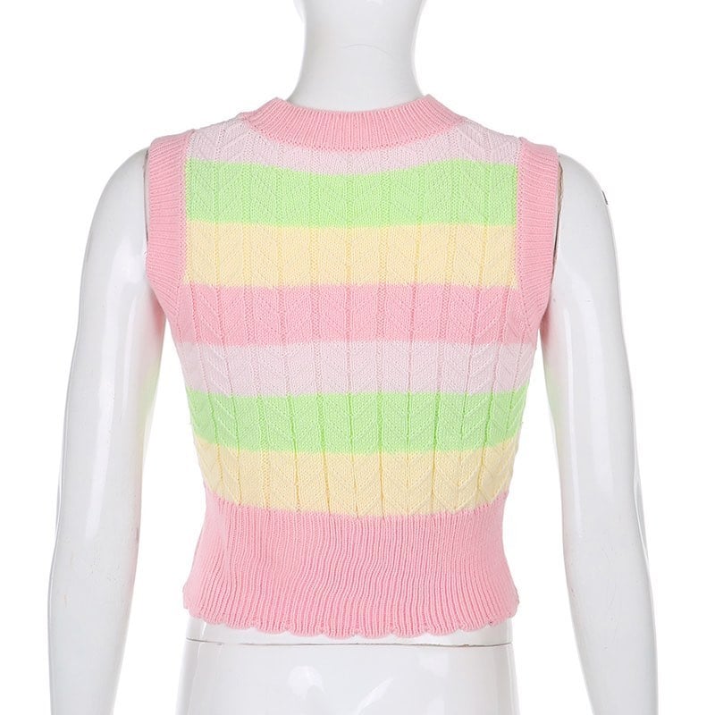 Cute Pink Rainbow Stripe Tie Dye Sleeveless V Neck Knit Vest Sweater Top Pullover Autumn Aesthetic E-Girl Kawaii Korean Japanese Harajuku Streetwear