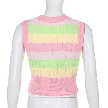 Cute Pink Rainbow Stripe Tie Dye Sleeveless V Neck Knit Vest Sweater Top Pullover Autumn Aesthetic E-Girl Kawaii Korean Japanese Harajuku Streetwear