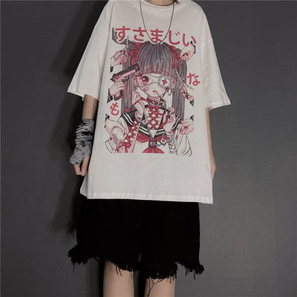 Cute Japanese Girl Punk Goth Print Oversized Short Sleeve Shirt Tee T-shirt E-Girl Kawaii Korean Japanese Harajuku Retro Streetwear Aesthetic