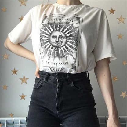 Cute Tarot Card Sun Moon Print Short Sleeve Shirt T-shirt Tee Top Kawaii Korean Japanese Harajuku Chinese Retro Streetwear Aesthetic Fashion