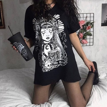 Cute Black Witch Anime Girl Cartoon Print Hoodie Sweater Sweatshirt Pullover Shirt Goth Punk E-Girl Kawaii Korean Japanese Harajuku Streetwear