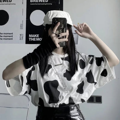 Cute Cow Anime Print Oversized Loose Short Sleeve T-shirt Punk Goth Aesthetic Casual Summer E-Girl Kawaii Korean Japanese Harajuku Streetwear