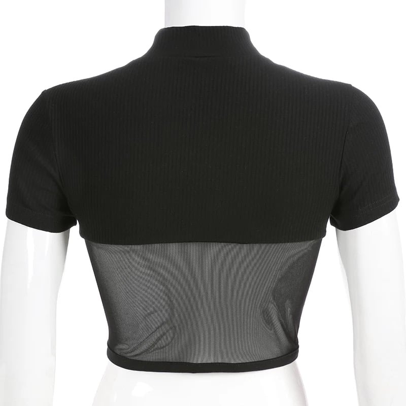 Cute Sexy Patchwork Black Mesh Crop Top Short Sleeve Shirt Tee T-shirt E-Girl Kawaii Korean Japanese Harajuku Chinese Retro Streetwear Aesthetic