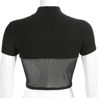 Cute Sexy Patchwork Black Mesh Crop Top Short Sleeve Shirt Tee T-shirt E-Girl Kawaii Korean Japanese Harajuku Chinese Retro Streetwear Aesthetic