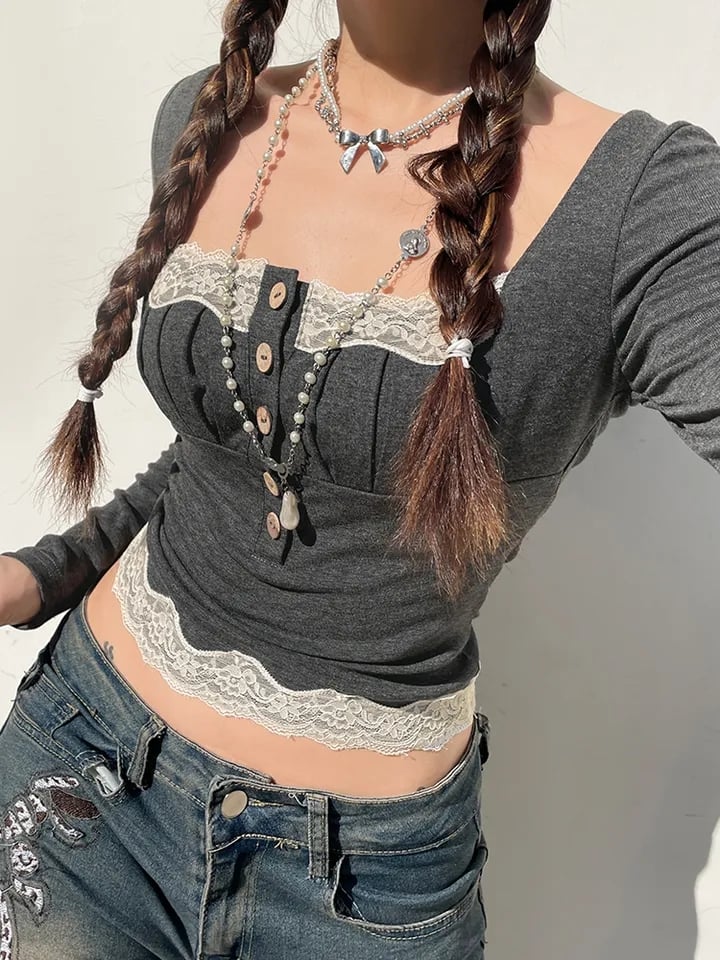 Grey Patchwork Square Neck Collar Long Sleeve Shirt