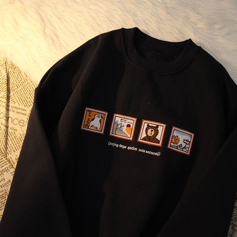Cute Picture Frame Embroidery Velvet Thick Round Neck Sweatshirt Oversize Hoodie Pullover Sweater E-Girl Kawaii Korean Japanese Harajuku Streetwear
