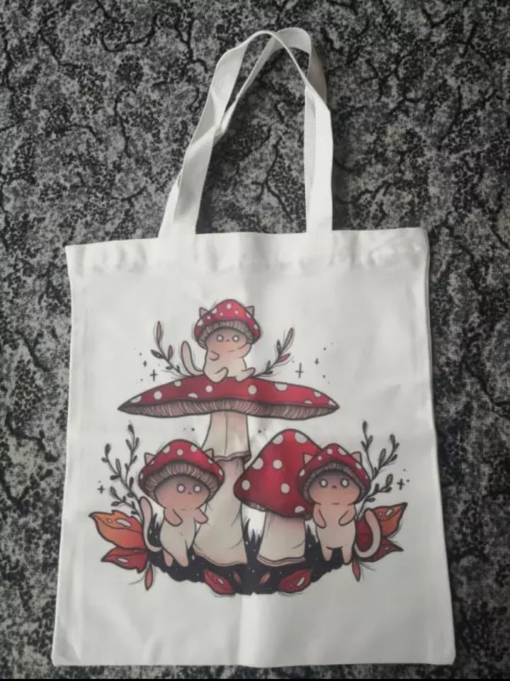 Cute Cat Ghost Mushroom Print Reusable Shopping Bag Canvas Tote Bag Shoulder Bag Aesthetic Casual E-Girl Kawaii Korean Japanese Harajuku