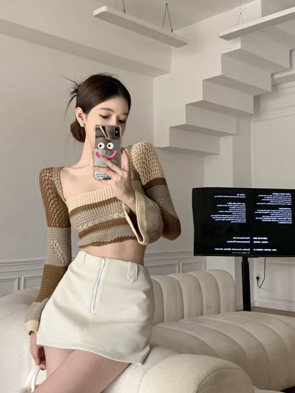 Brown Crochet Bell Sleeve Cut Out Long Sleeve Shirt