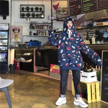 Funny Dinosaur Cartoon Print Vintage Baggy Oversized Loose Hoodie Pullover Sweater Sweatshirt Jumper E-Girl Kawaii Korean Japanese Harajuku Streetwear