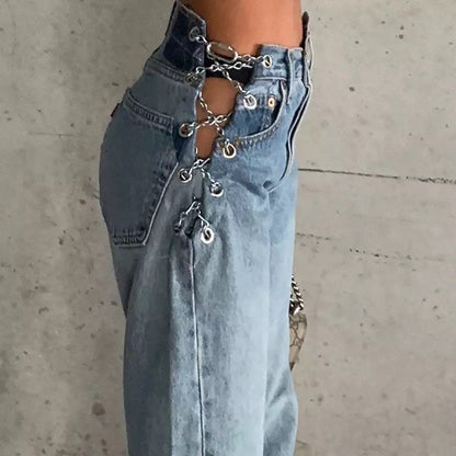 Chain High Waist Straight Denim Jeans Legs Light Blue Pants Summer Aesthetic Casual E-Girl Kawaii Korean Japanese Harajuku