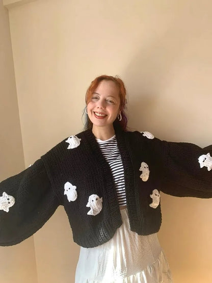 3D Black Ghost Crochet Sweater