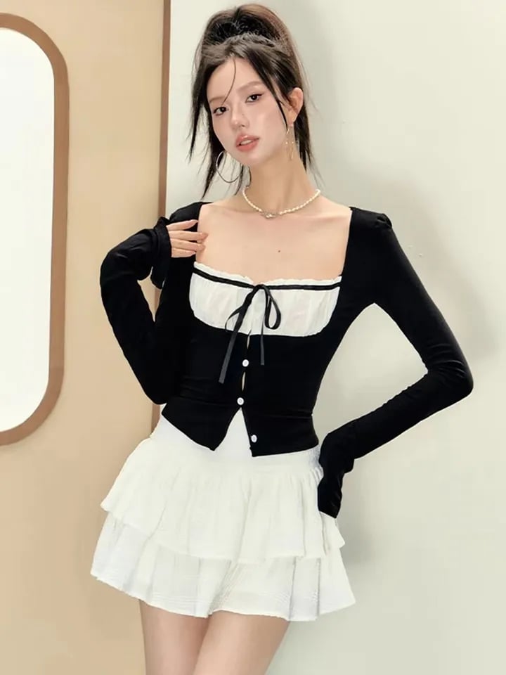 2PCS Long Sleeve Square Collar Top + Mini Tierred Ruffle Skirt