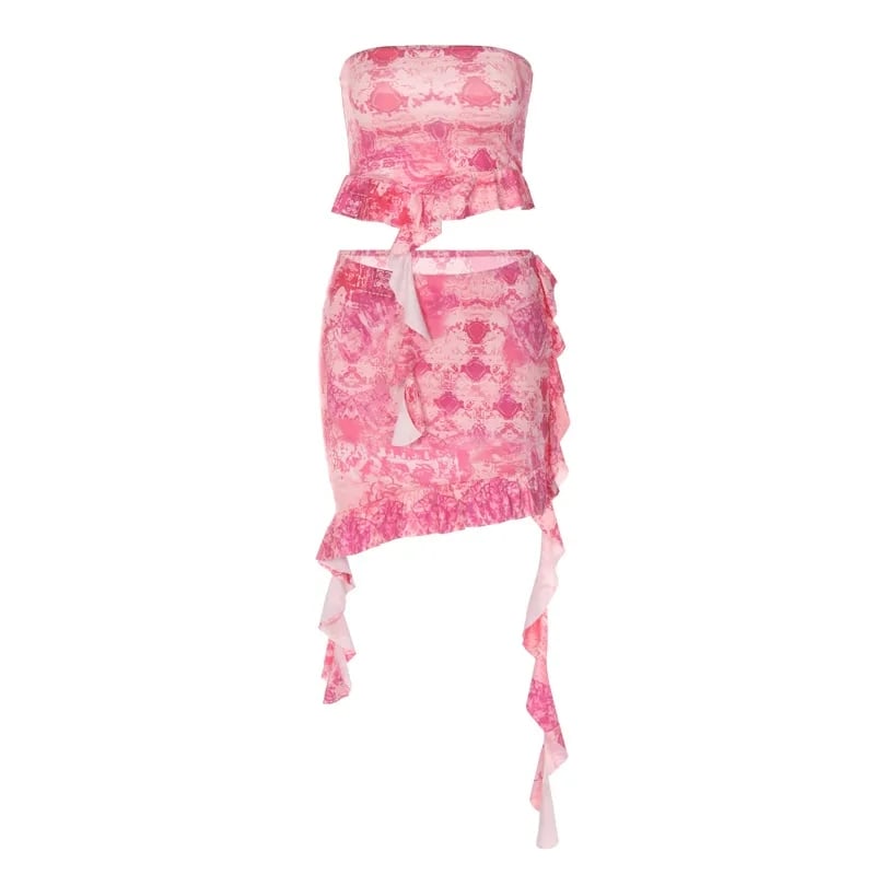 2PCS Pink Irregular Strapless Tube Top + Ruffled Mini Skirt