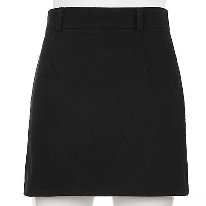 Sexy Black Goth Punk Demin Metal Chain Patchwork High Waisted Mini Skirt Zipper Split A-line E-Girl Kawaii Korean Japanese Harajuku Retro Streetwear