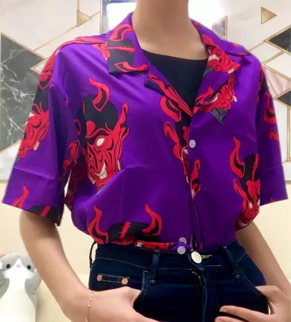 Summer Pink Purple Devil Print Button Down Casual Loose Short Sleeve Tee Shirt T-shirt Top E-Girl Kawaii Korean Japanese Harajuku Streetwear