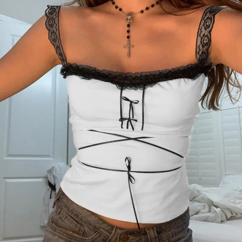 Lace Shoulder Bow Tank Top