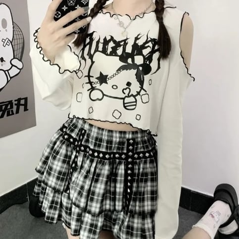 Cat Off Shoulder Frill Long Sleeve Shirt