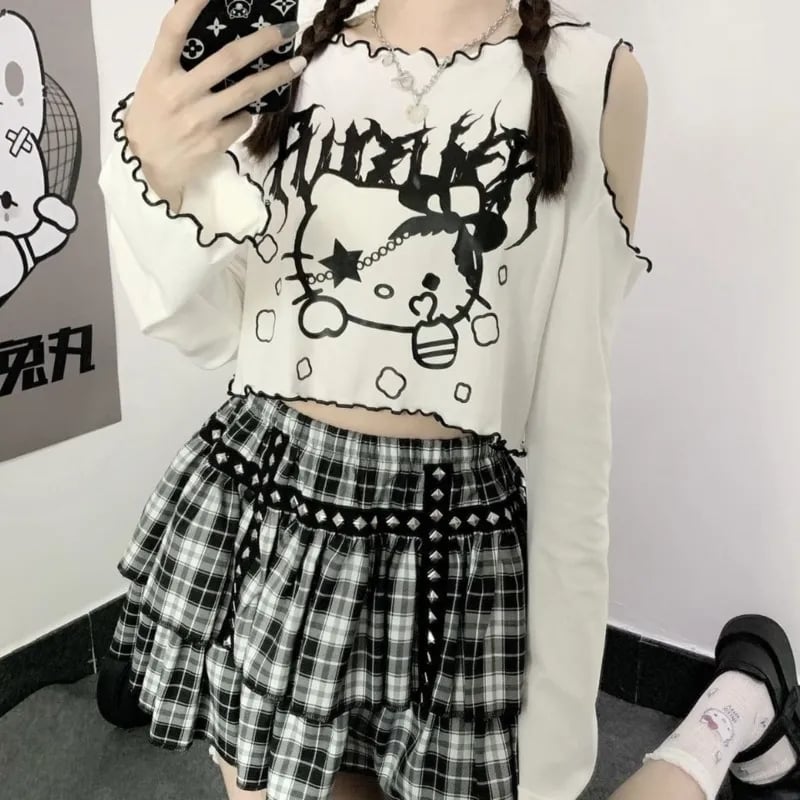 Cat Off Shoulder Frill Long Sleeve Shirt