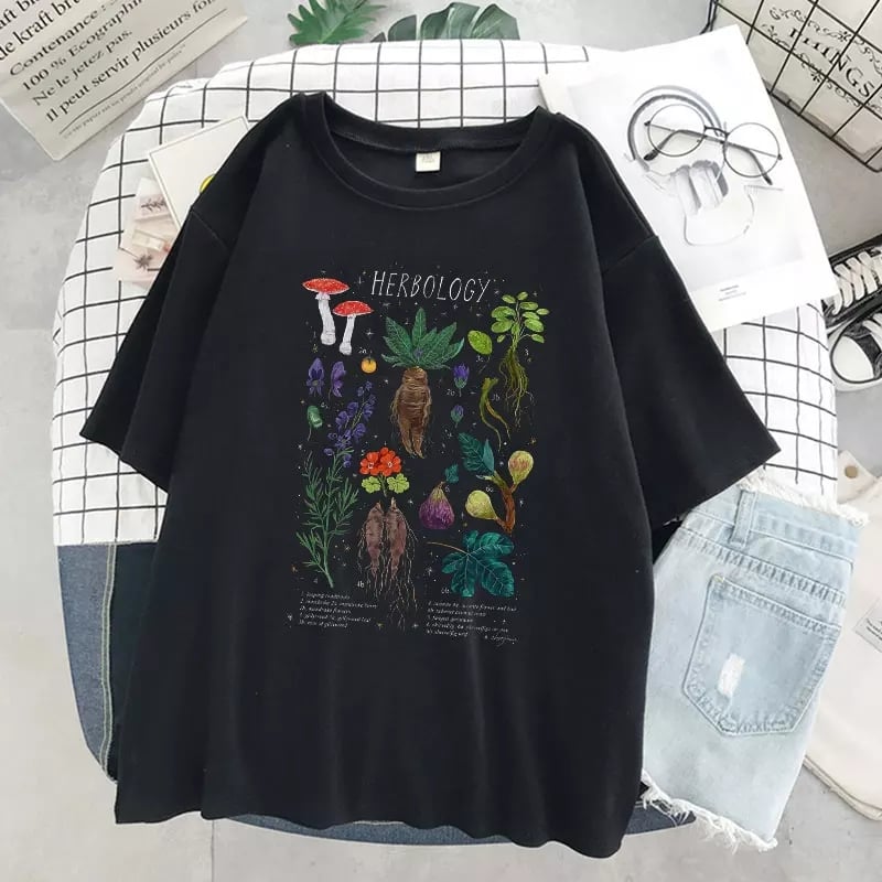 Cute Herbology Plant Mushroom Cartoon Print Loose Oversize Short Sleeve T-shirt Punk Aesthetic Casual Summer E-Girl Kawaii Korean Japanese Harajuku